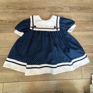Vintage Girls Navy Blue Polka Dot Dress with White Trim